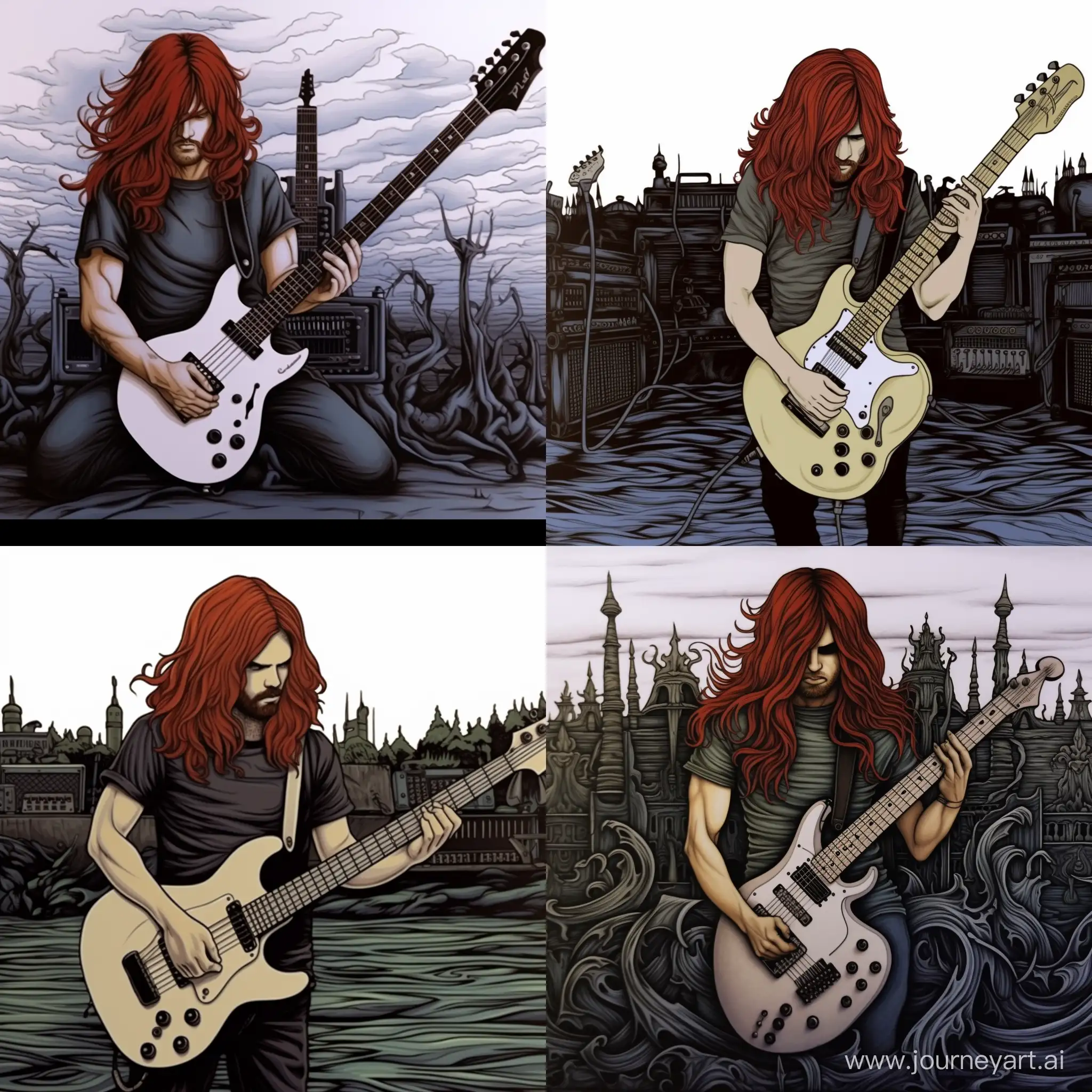 draw a boy with long red hair, a bare torso and an electric guitar in his hands