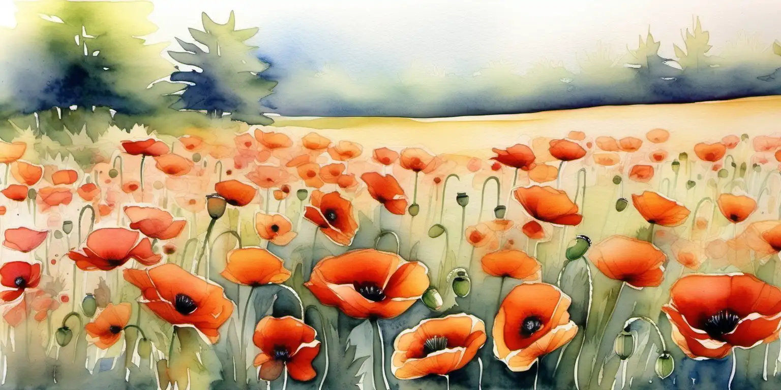 Vibrant Poppy Field Watercolor Painting