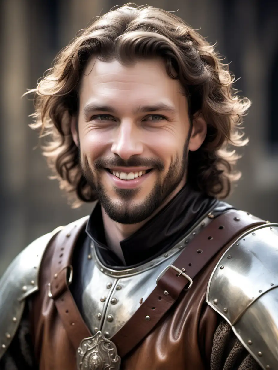 young handsome prince, 35 years,  pale white skin, brown wavy hair, wearing medieval leathers, scruffy thick beard, smiling softly, hairy chest, very hairy chest