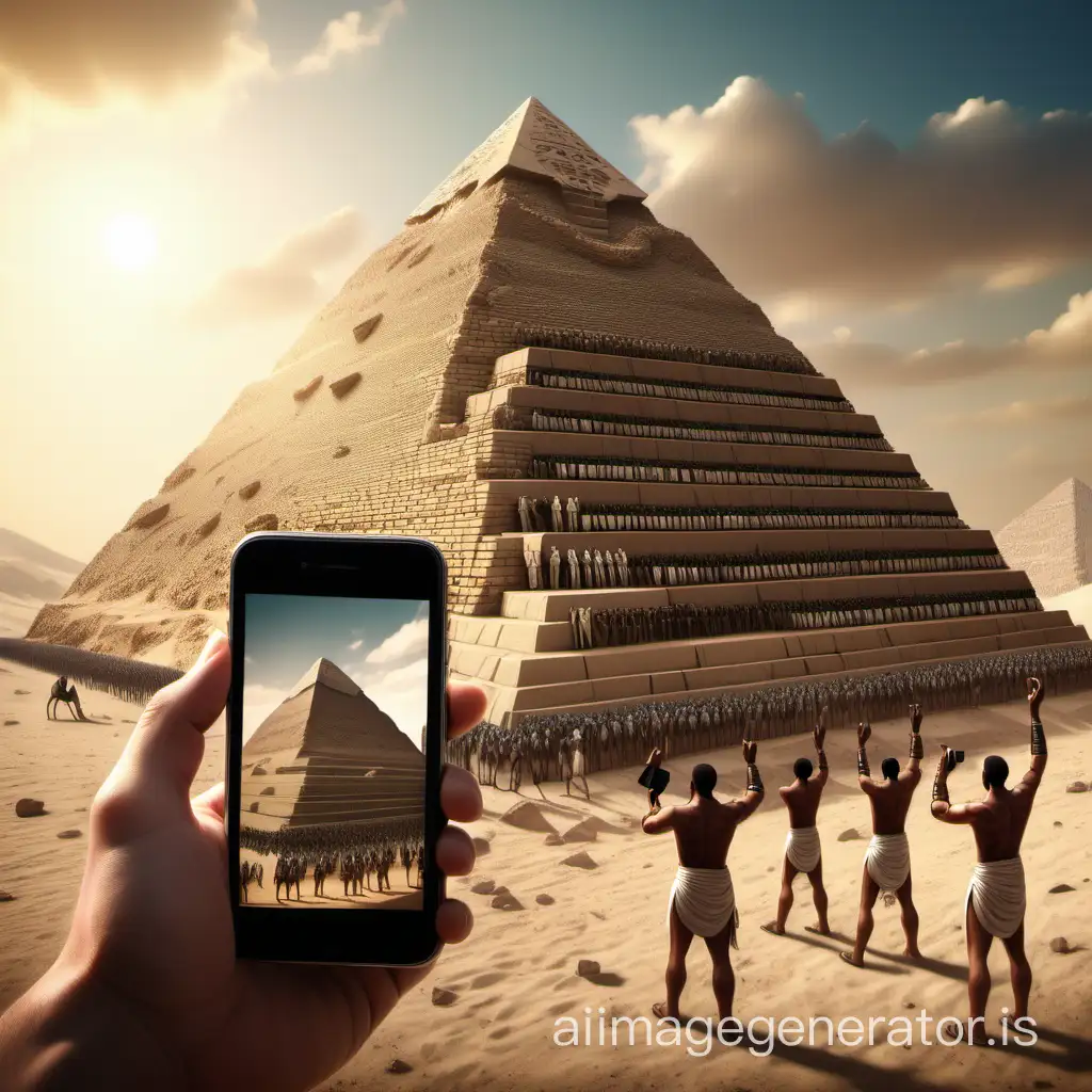 quelqu'un tenant leur téléphone avec des esclaves egyptiens construisant un pyramide, hyper détaillés, dans le style de photos ultra réalistes, ancienne égypte