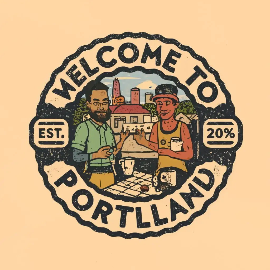 logo, rioters at a coffee shop, with the text "Welcome to Portland", typography, be used in Home Family industry