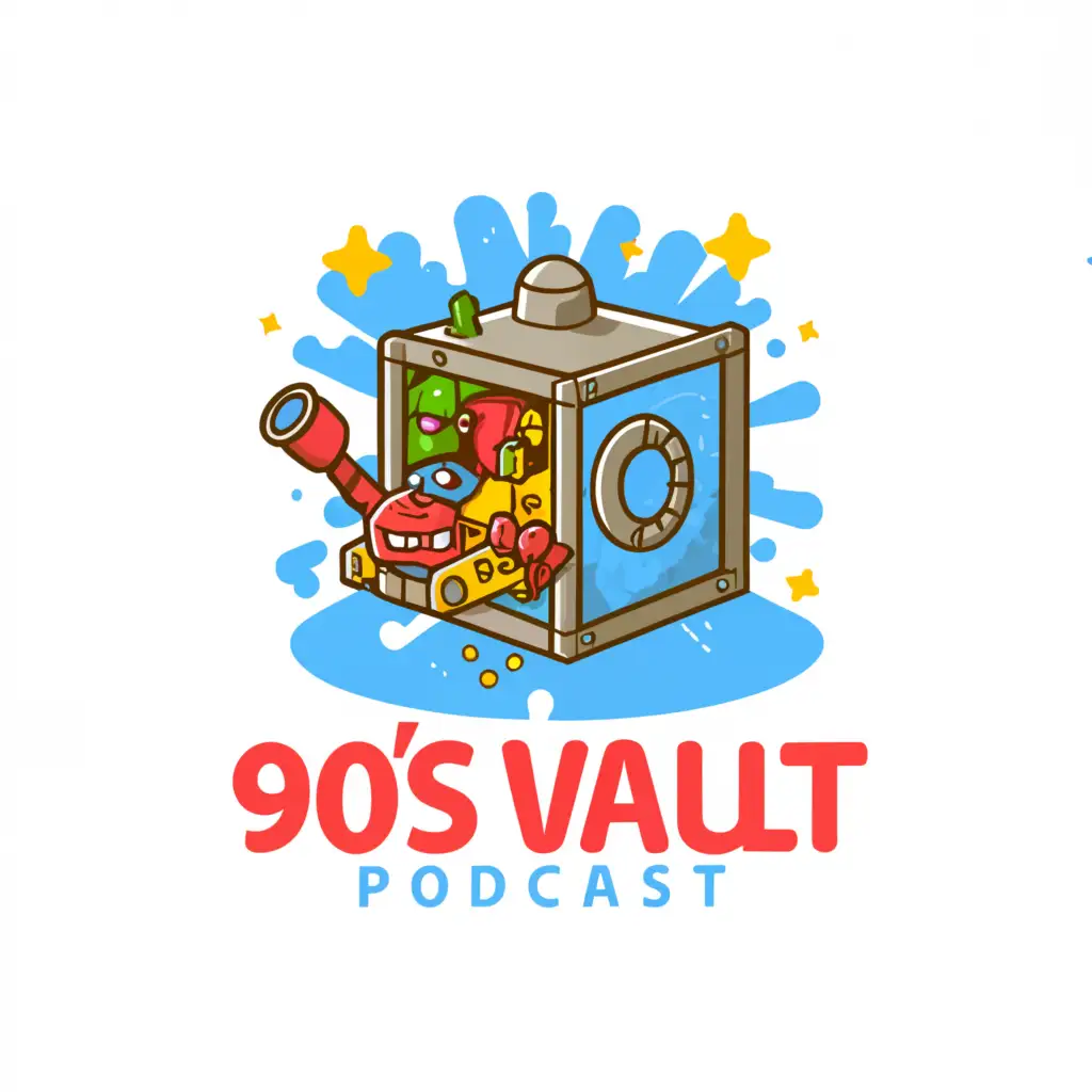 a logo design,with the text "90s Vault Podcast", main symbol:a Vault being opened filled with toys and video games,complex,clear background