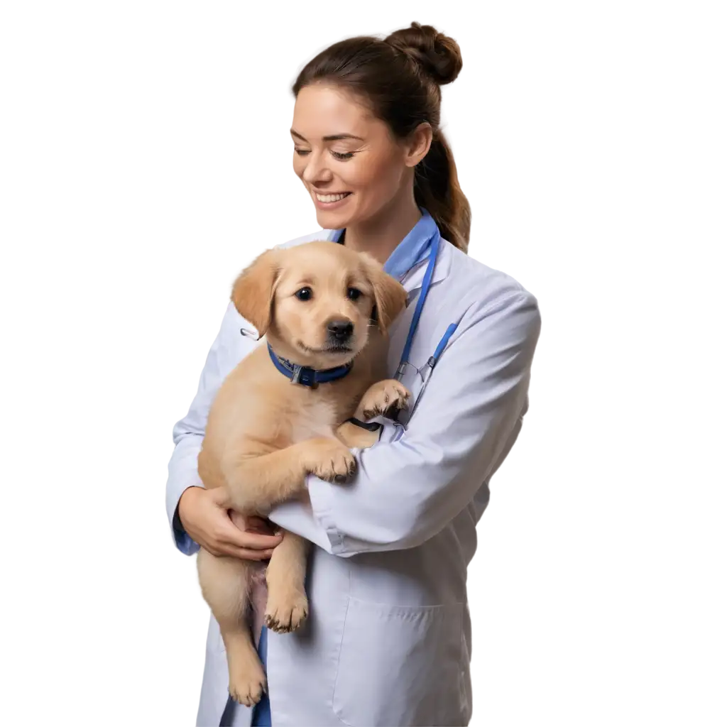 foto realista de un veterinario examinando a un perrito muy contento