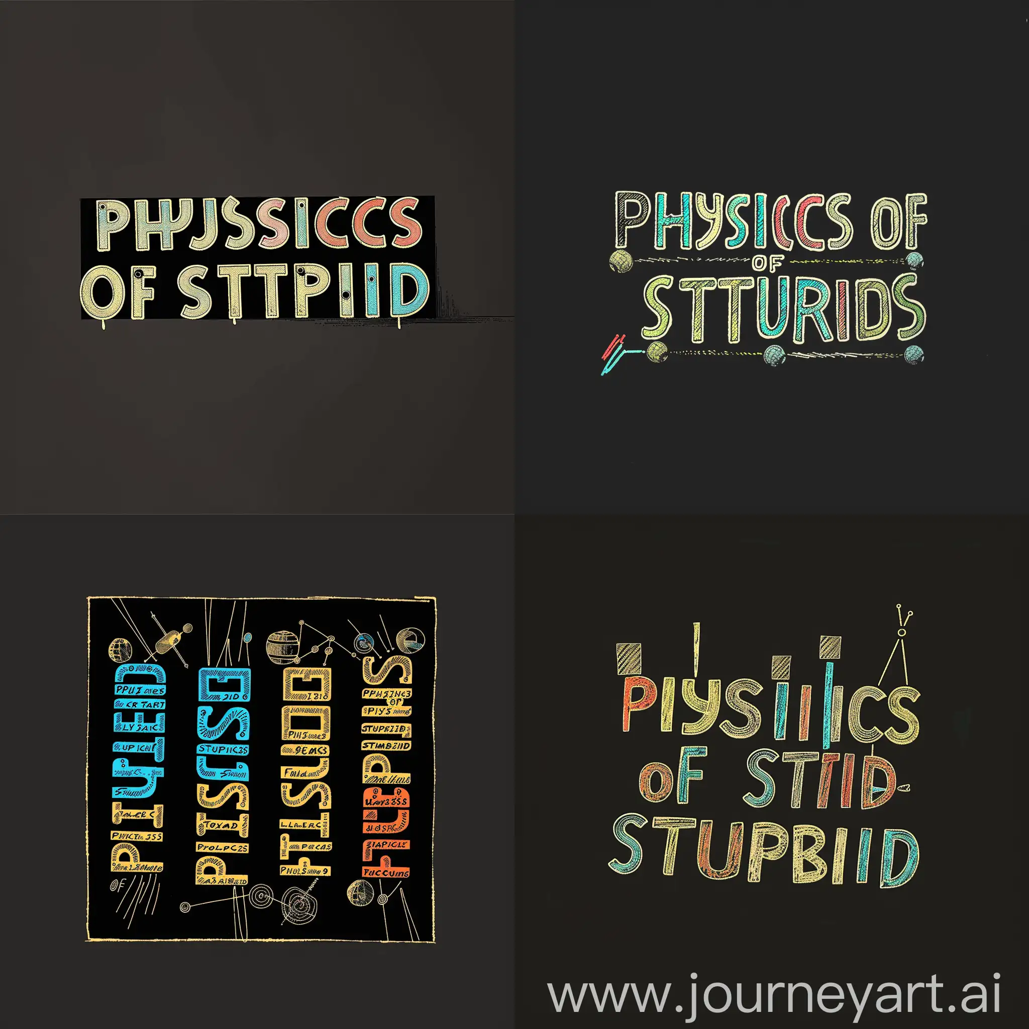 text "PHYSICS of STUPID" in 3 different lines, black background, highlight the text best, use physics theme, keep simple, A3 Size, 3 color
