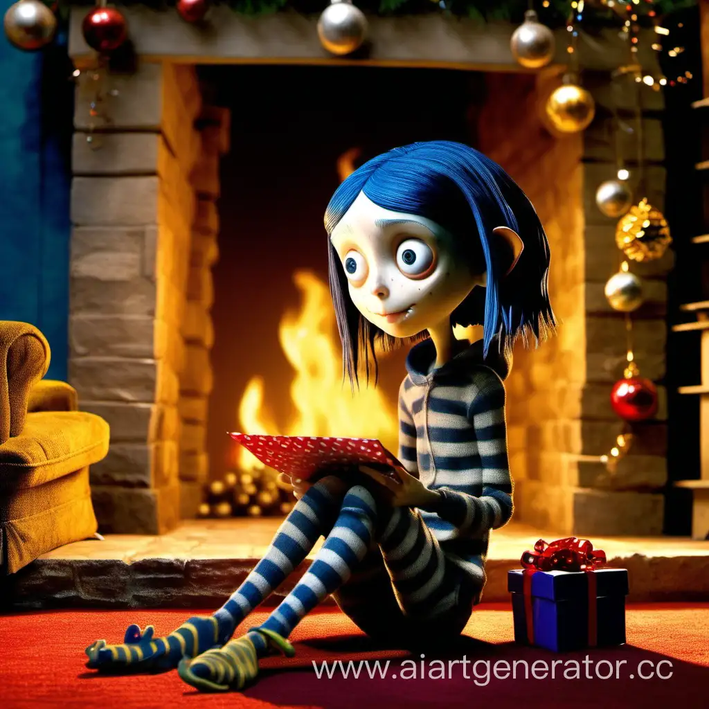 Коралина из мультфильма Тима Бёртона в  доме на новый год сидит у камина и открывает подарки
