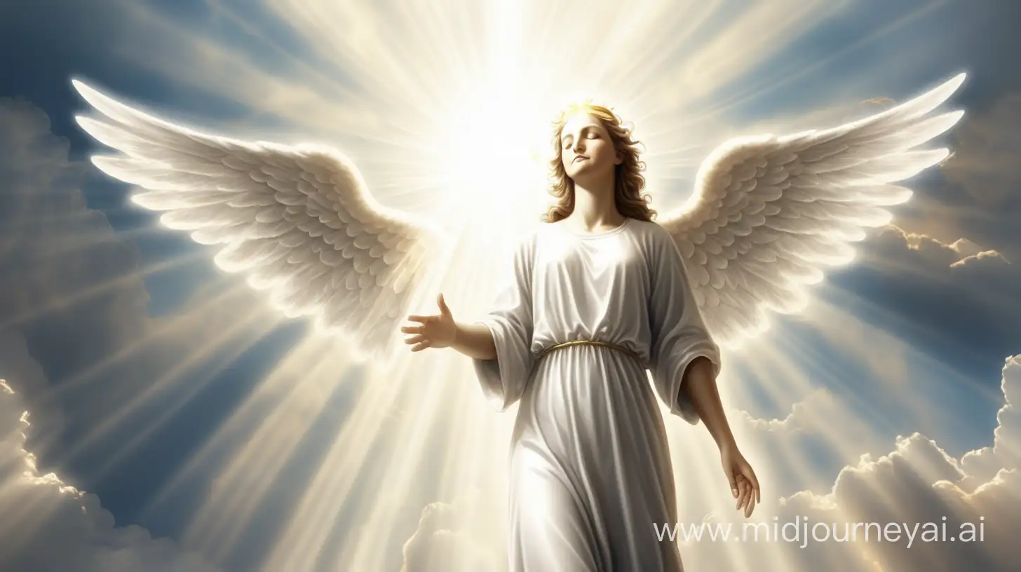realistic angel in heaven, sun rays coming through the clouds, religious, crisp design
