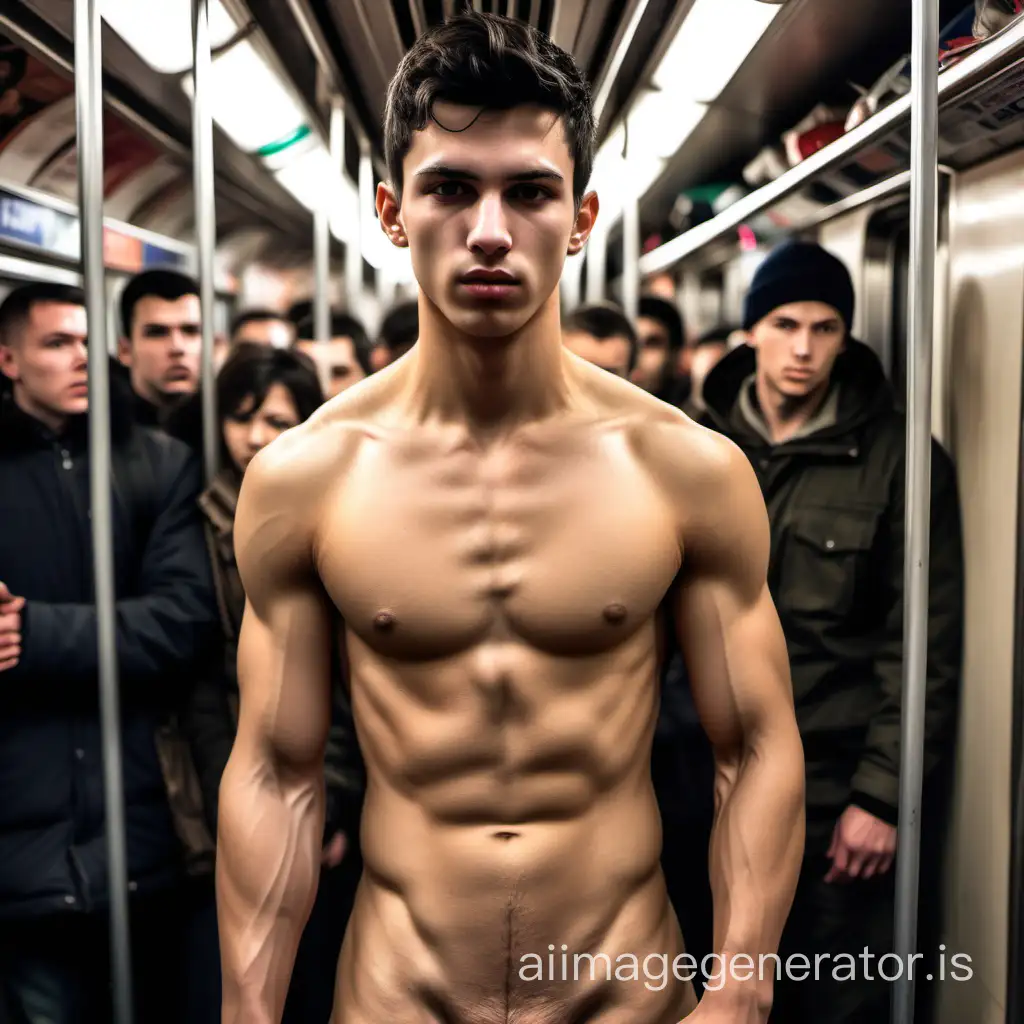 Naked Athletic Polish Male in Crowded Subway | AI Image Generator