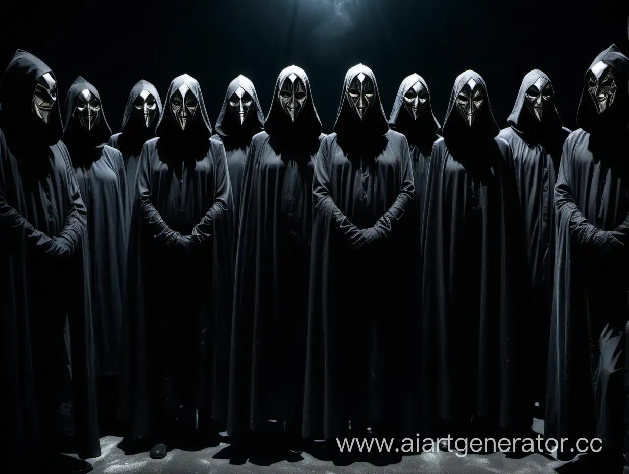 Девять персонажей в зеркальных масках закрывающие лицо целиком стоят в темноте, одеты в черную мантию.