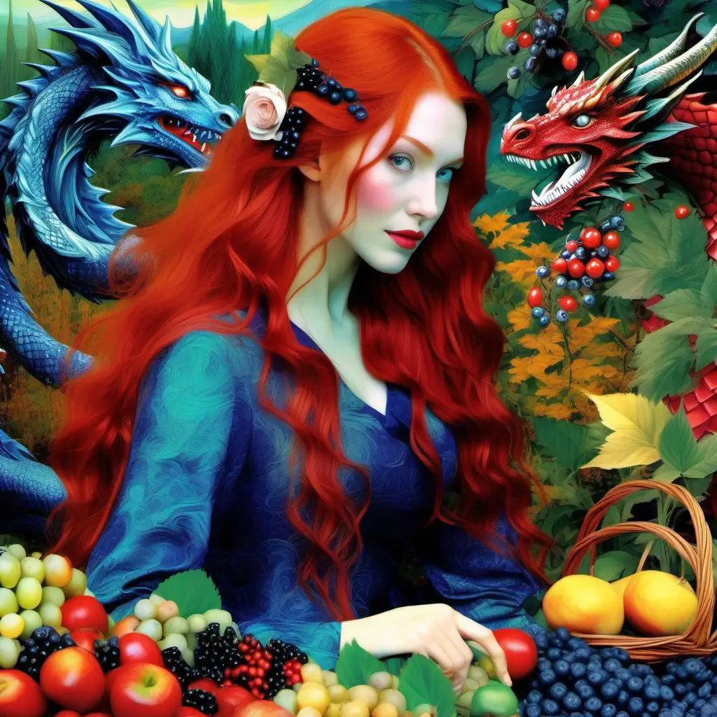 dragon and beautiful  woman long red hairs  in a garden, red berries, blue berries, colorful fruits, flowers,   elegant, van gogh style, high resolution    
