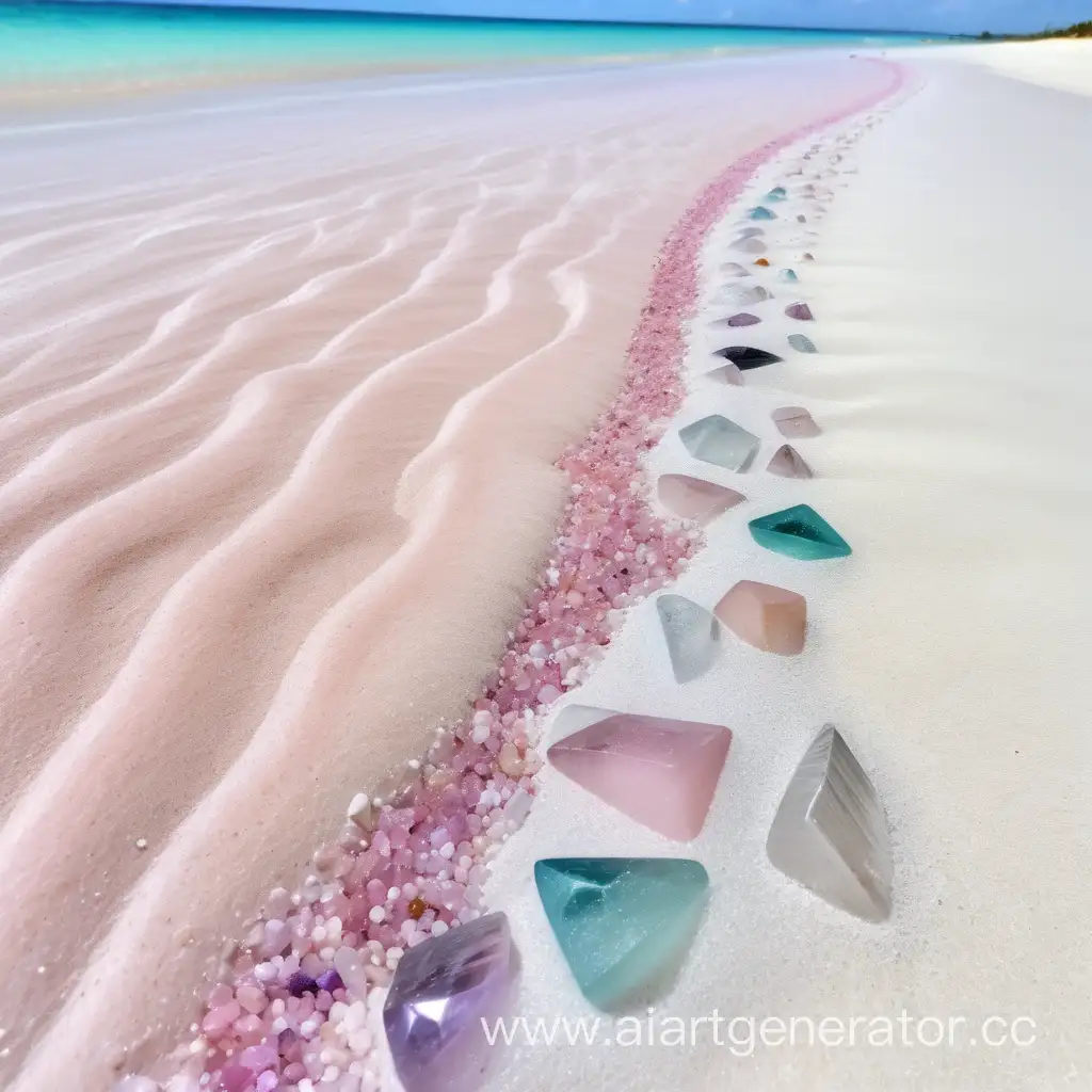 белый пляжный песок с разноцветными кристаллами и нежно розовым морем