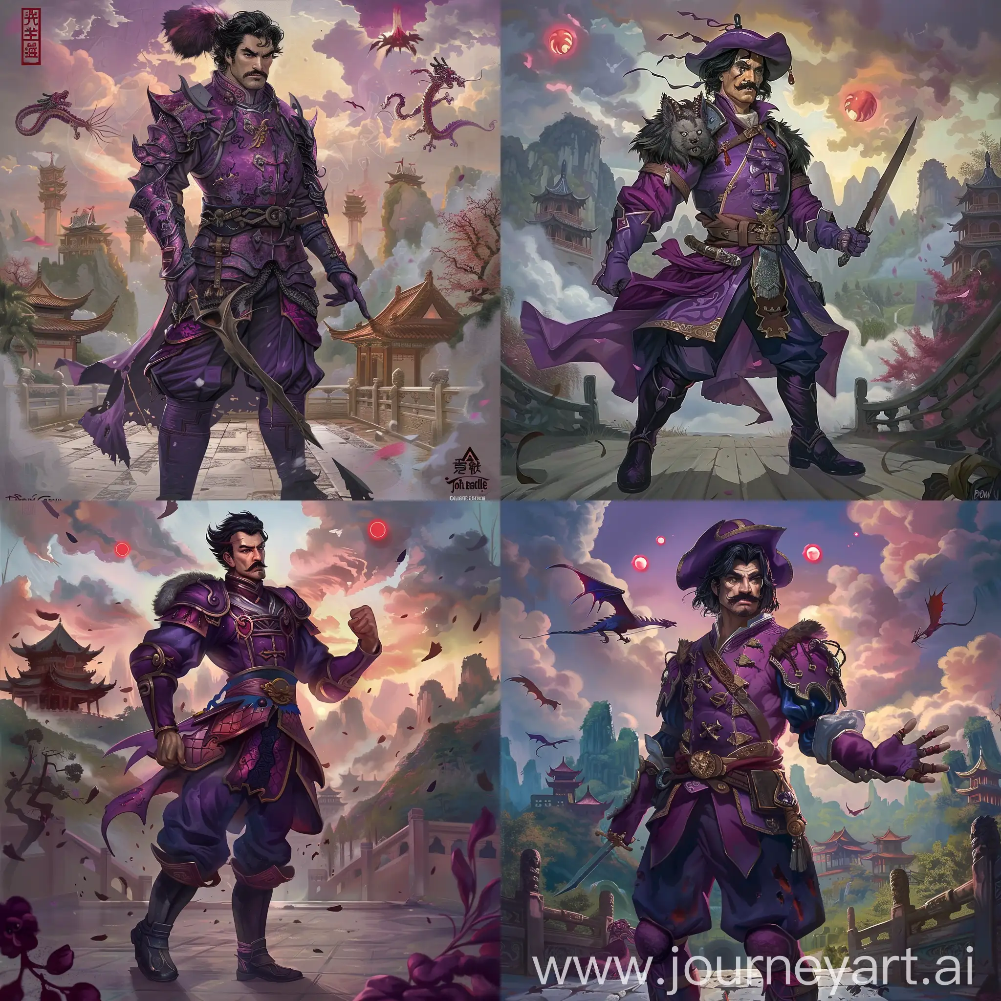 Historic painting style:

a Disney Villain, Governor John Ratcliffe, he has black hair and mustache, he wears a purple European beaver hat, he is in deep purple and dark rose color Chinese medieval style armor and deep purple boots, he holds a medieval Chinese style blade in right hand, 

Chinese Guilin mountains and temple as background,  evil iced dragons and three small red blood suns in cloudy sky.