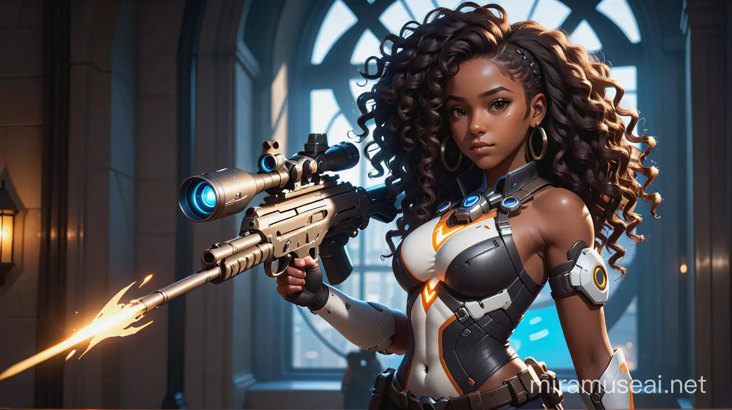 black girl with long curly hair overwatch character, epic character pose, dramatic lighting, shooting weapon