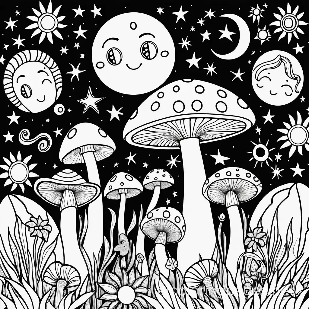 Trippy Mushrooms flowers in outer space sun and moon, Coloring Page, black and white, line art, white background, Simplicity, Ample White Space. The background of the coloring page is plain white to make it easy for young children to color within the lines. The outlines of all the subjects are easy to distinguish, making it simple for kids to color without too much difficulty