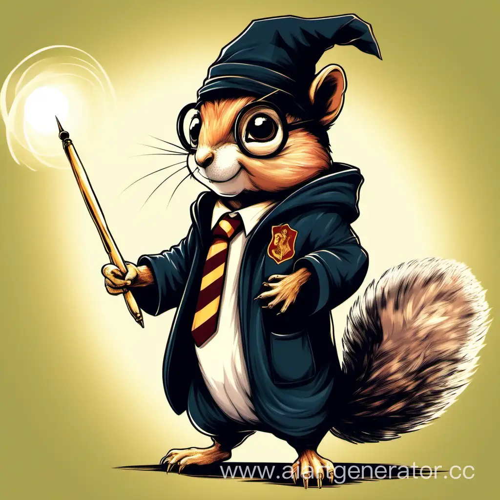 Harry Potter as a Squirrel, holding a wand and wearing a soccerer outfit, facing adorno