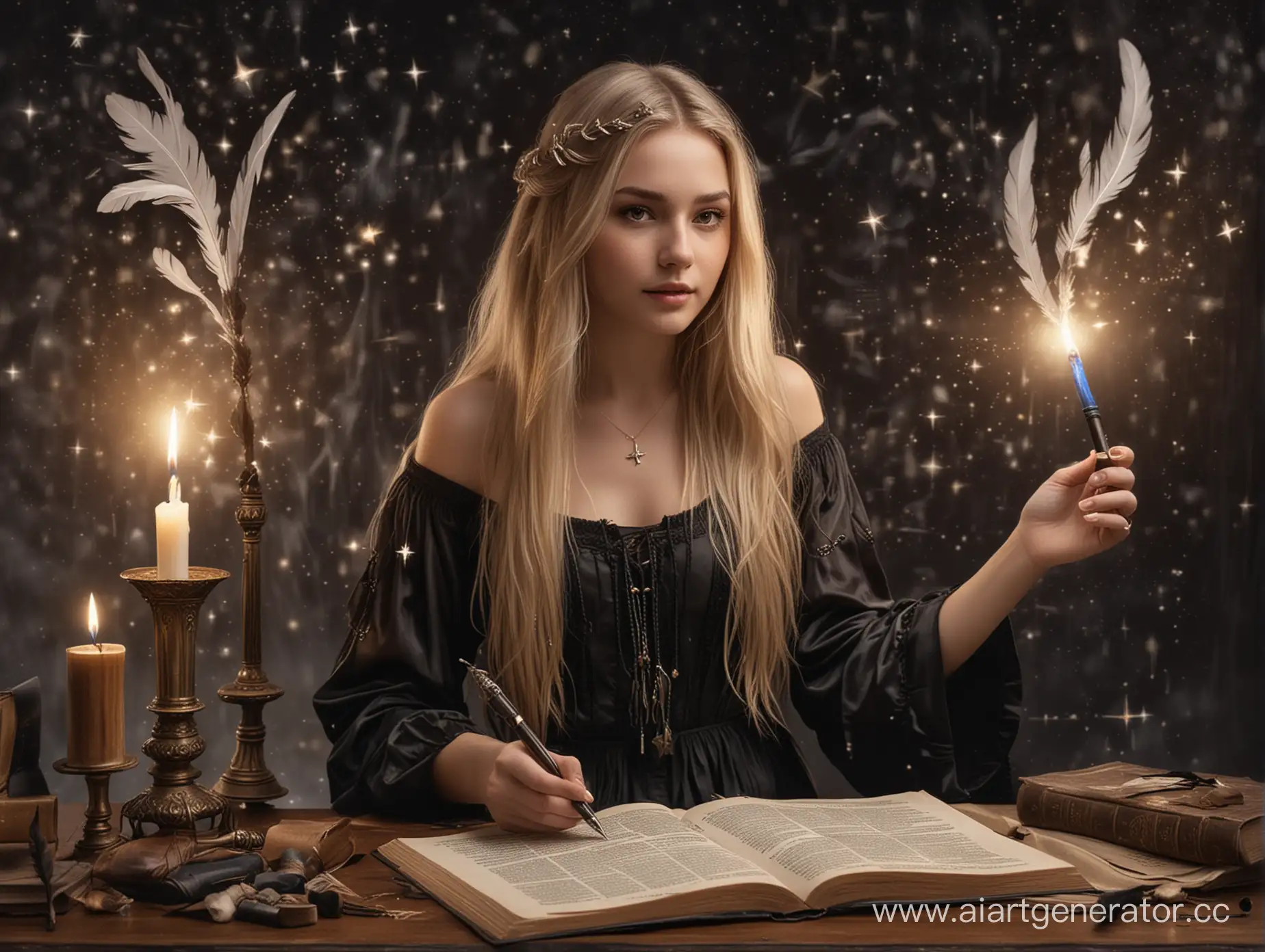 молодая женщина с длинными светлыми волосами, в черном платье с кисточками и книгами в руках. За ней парит перо или перьевая ручка, излучающая свет. На фоне можно добавить звёзды или светящиеся руны