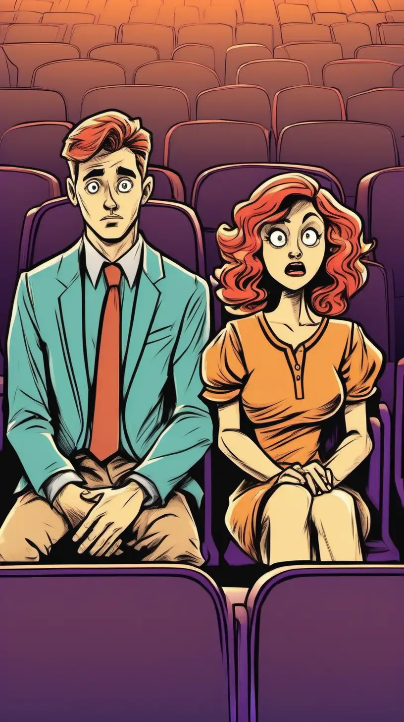 Cartoony Color: Close on a young man and a young woman  who  sit in  a theatre watching a show.  The show has a full audience.  She  looks confused. He looks confident