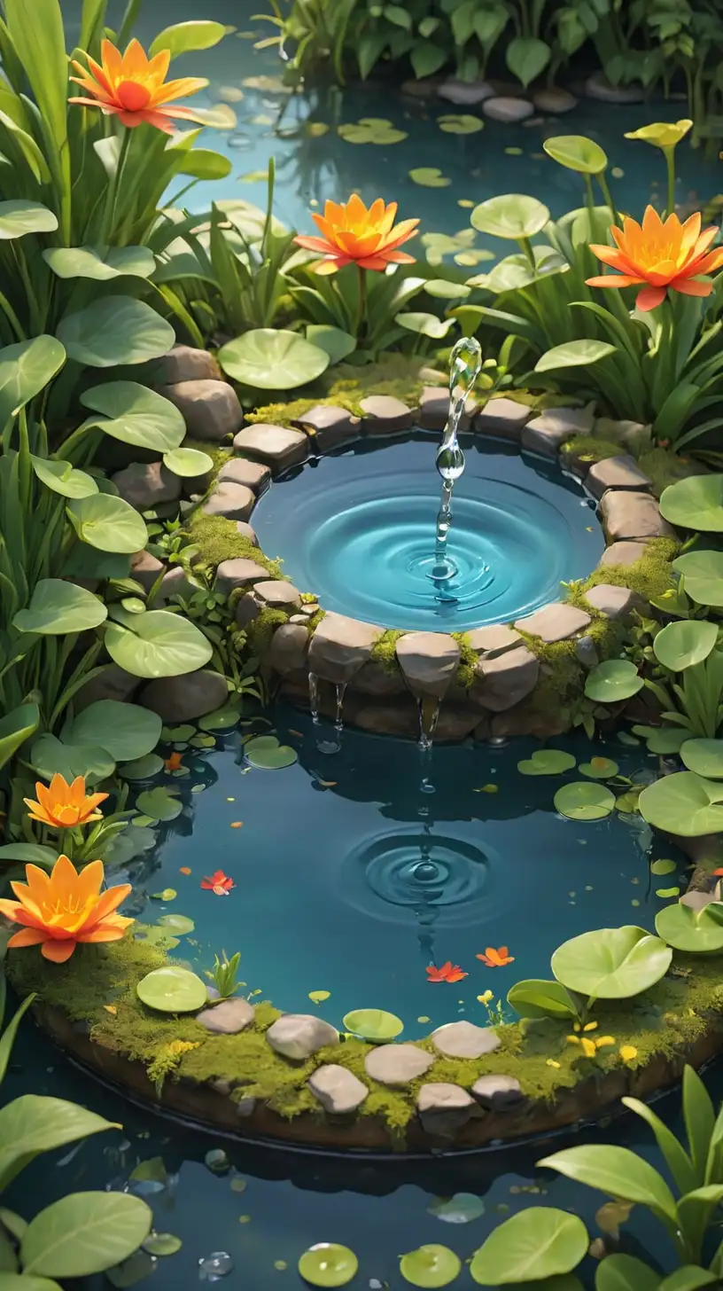 Create a 3D illustrator of an animated scene where a small drop of water creates circle in a small pond. Beautiful, colourful and spirited background illustrations.