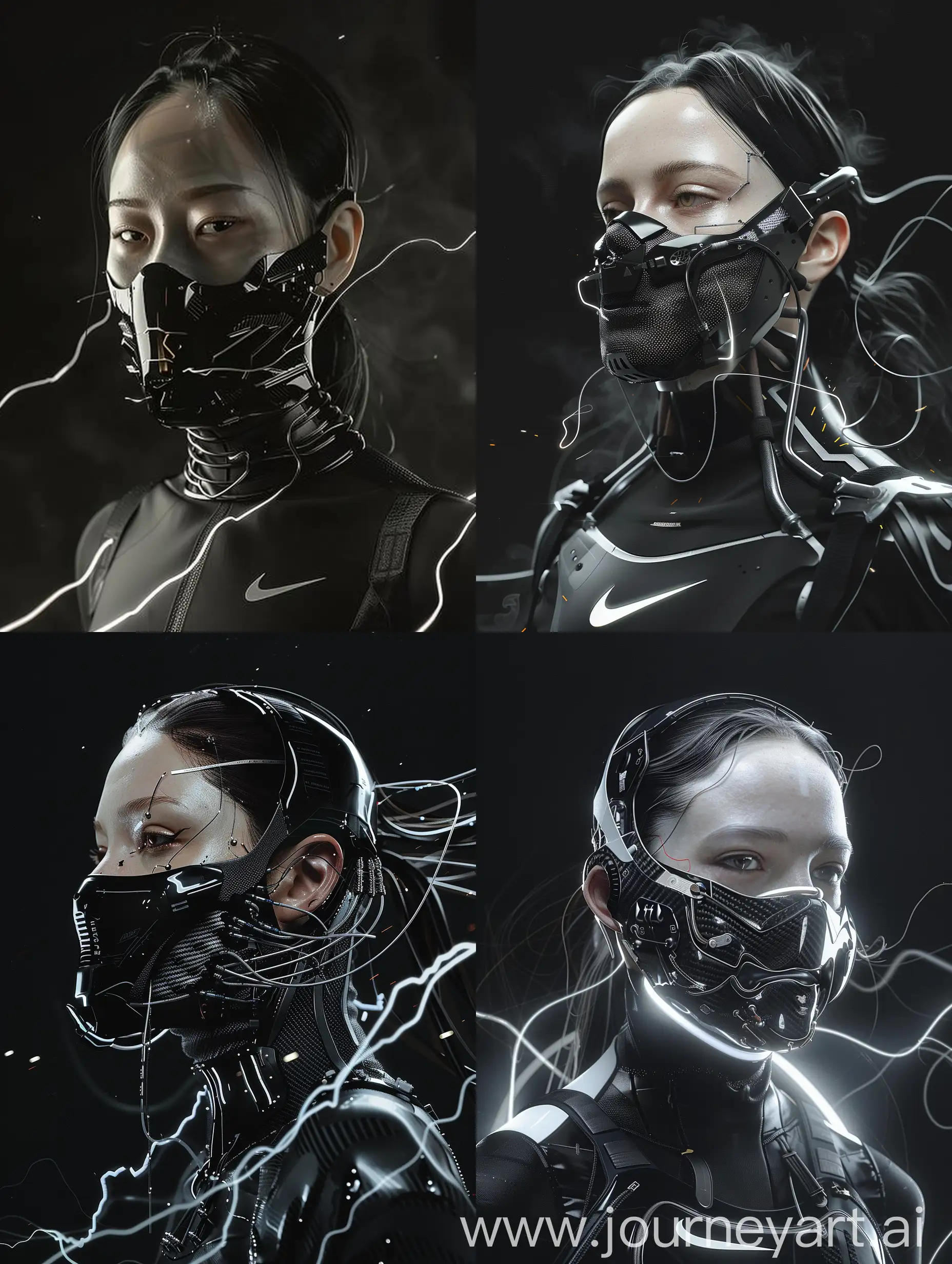 Against a sleek black backdrop, behold a mesmerizing character adorned with a cybernetic mouth-covering mask. It seamlessly blends cutting-edge technology with intricate details, boasting carbon fiber textures, sleek aluminum accents, and wires. Symbolizing the delicate balance between humanity and machine, her appearance embodies the essence of a futuristic cyberpunk aesthetic, enhanced with Nike-inspired add-ons. With dynamic movements reminiscent of action film sequences, cinematic haze, and energy that crackles like lightning, her presence captivates with its irresistible allure. v2