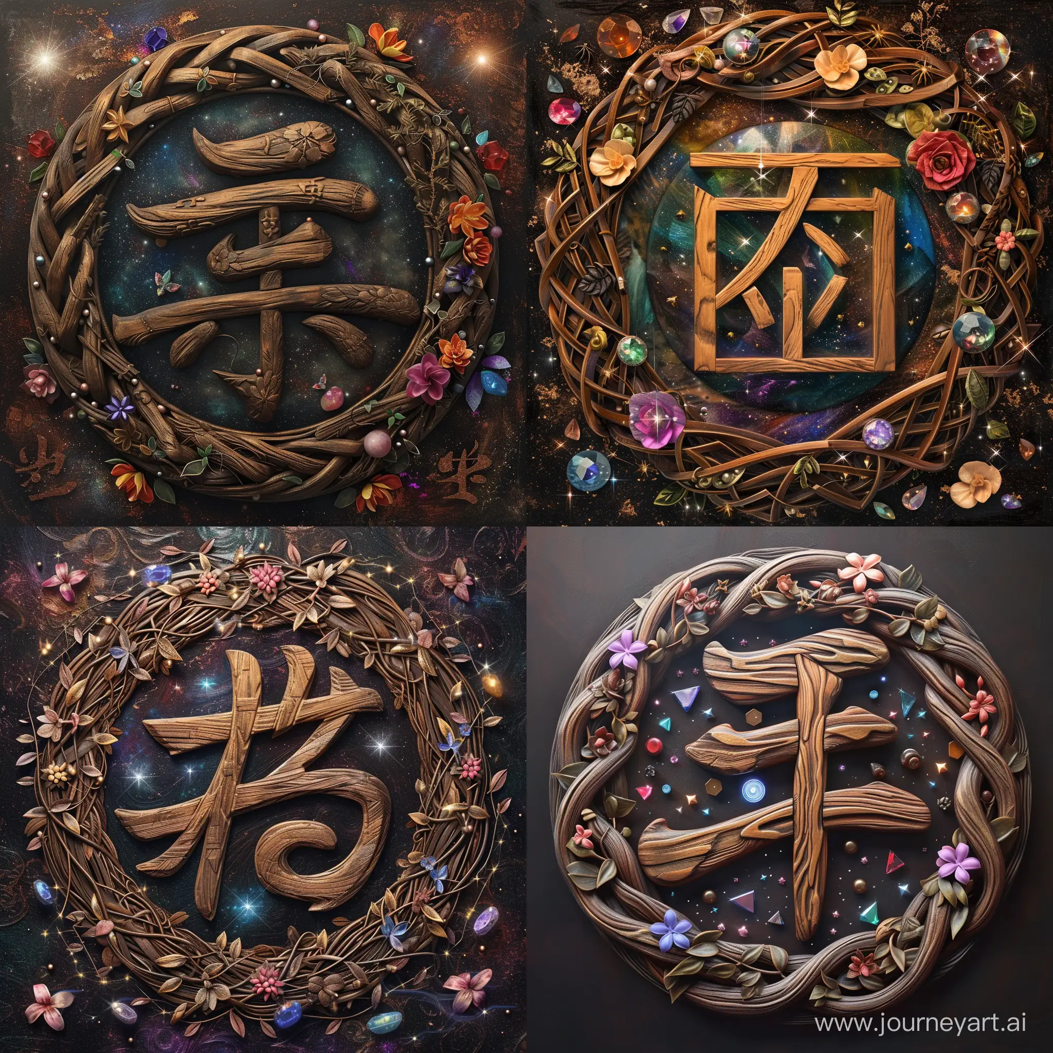 中国汉字邓，周围围绕着实木编织的圈，五颜六色的宝石，花枝缠绕的青铜纹理，星光闪闪的 圆盘