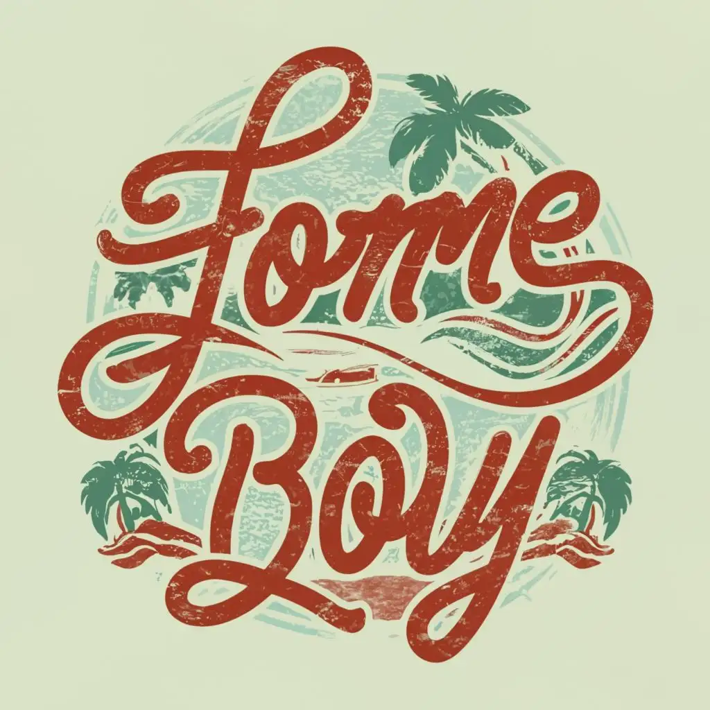 logo, outer banks with exotic trees and little beach in the side make it red, with the text "home boy", typography