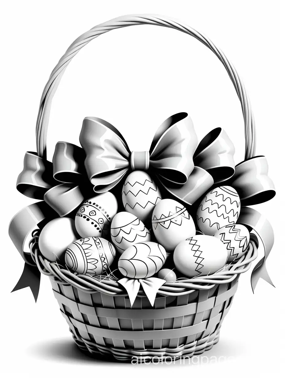 a beautiful easter basket with a big bow around the handle, full of decorated easter eggs


, Coloring Page, black and white, line art, white background, Simplicity, Ample White Space. The background of the coloring page is plain white to make it easy for young children to color within the lines. The outlines of all the subjects are easy to distinguish, making it simple for kids to color without too much difficulty