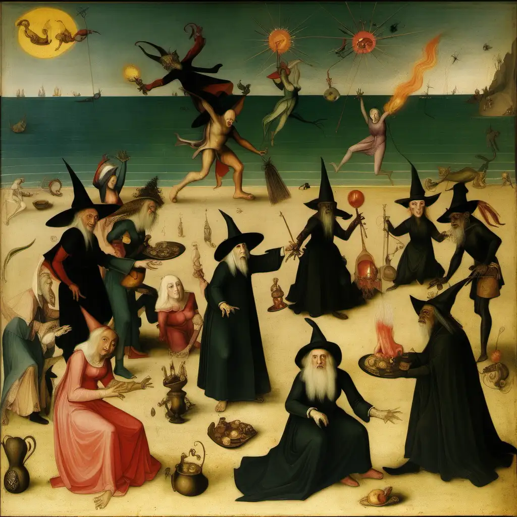 bosch painting depicting women witches and male wizards of various races having a party at the beach