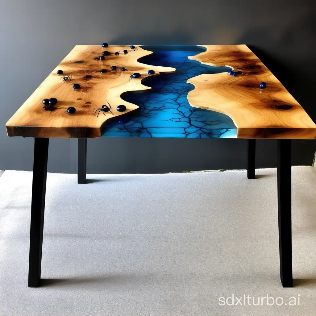 Epoxy river table with wood and blue river, Legs ile spider