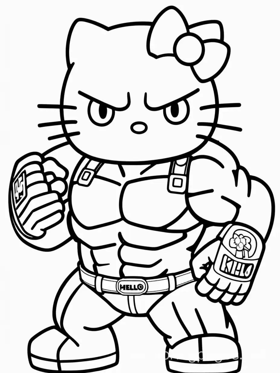 HELLO KITTY INCREDIBLE HULK, Coloring Page, black and white, line art, white background, Simplicity, Ample White Space. The background of the coloring page is plain white to make it easy for young children to color within the lines. The outlines of all the subjects are easy to distinguish, making it simple for kids to color without too much difficulty