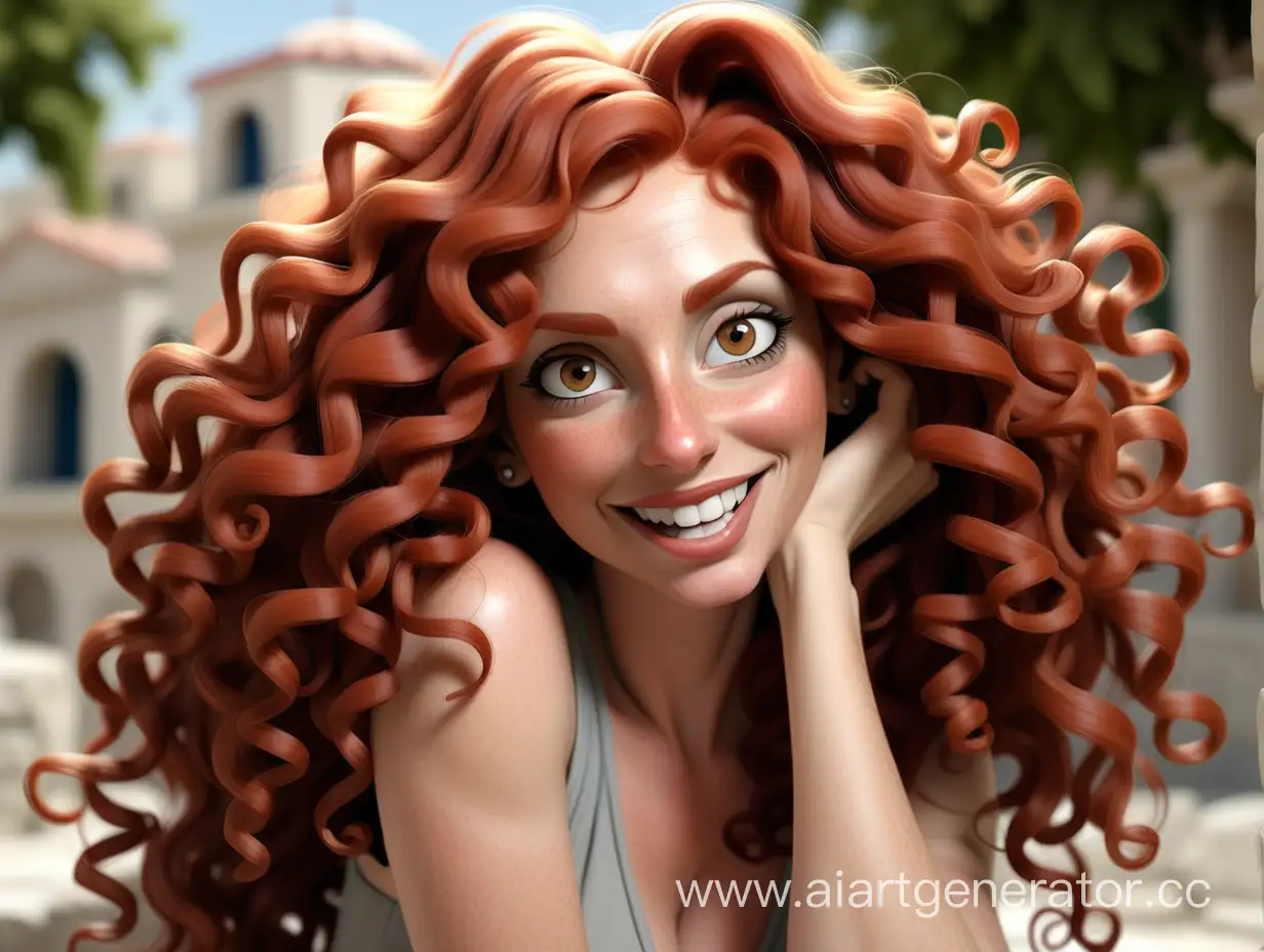 Нарисуй счастливую женщину 38 лет, рыжеволосую, с длинными вьющимися волосами, большеглазую, с чувственными крупными губами, и обязательно с сильно греческими и турецкими корнями