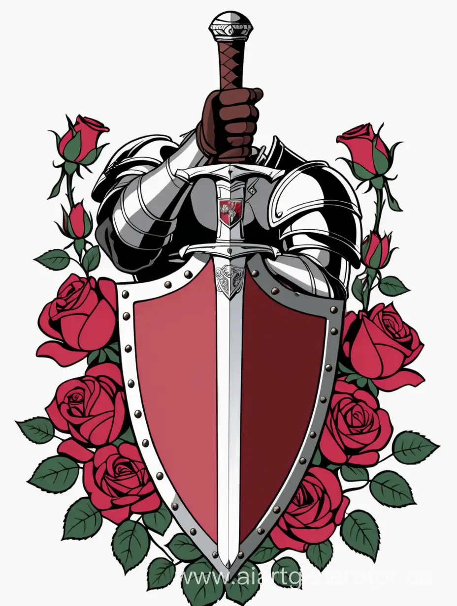 сгенерируй картинку с мечом щитом и розами, больше нечего не добавляй, с белым фоном сзади, 
