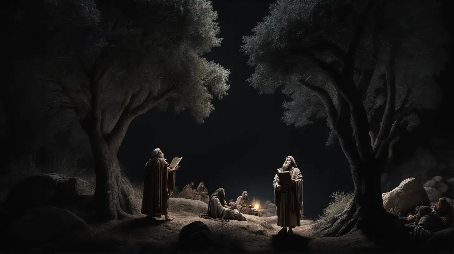 Isaiah, Ancient biblical history, dark black background, trees, 8k superzoom image,