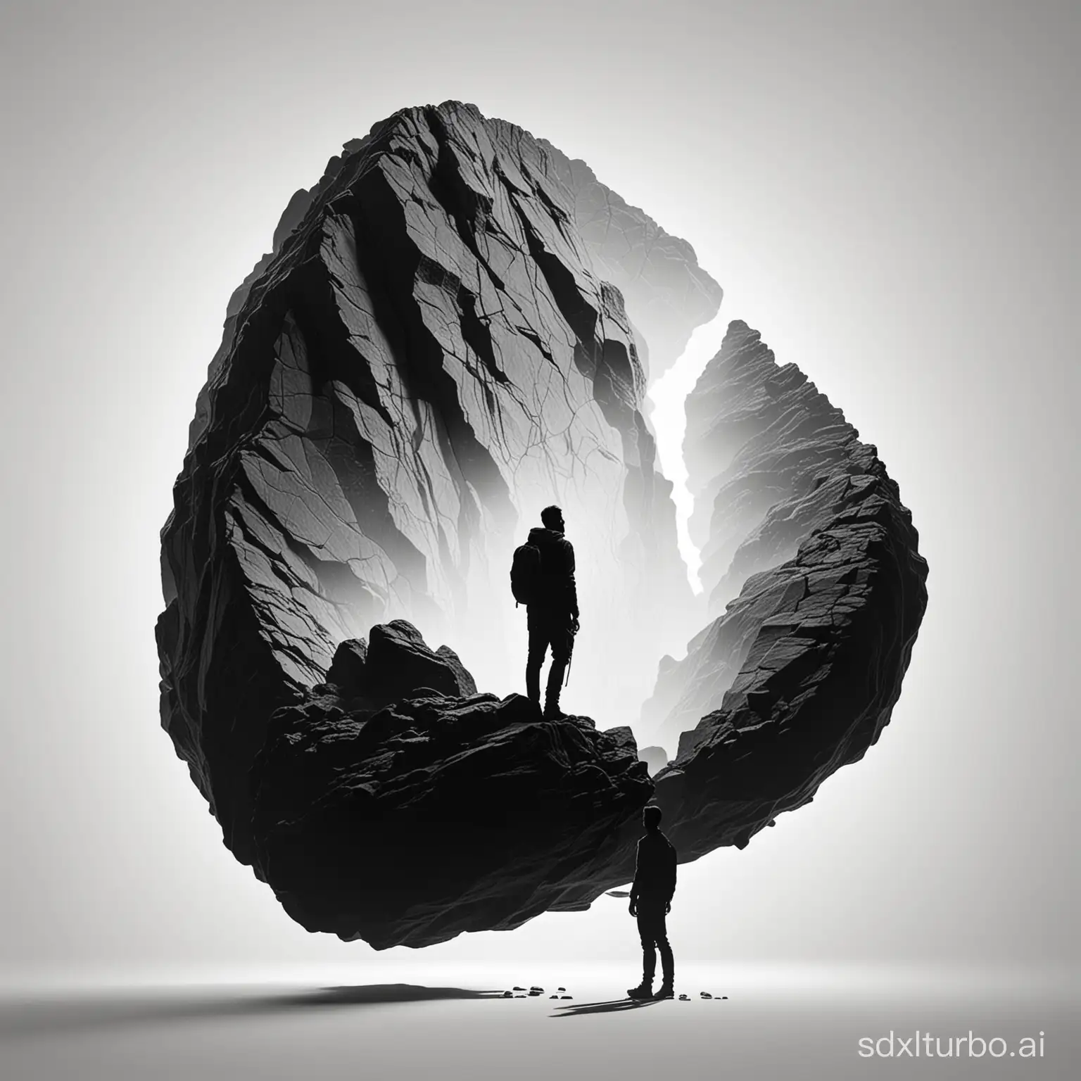 一個男人的黑色輪廓，看著一塊很大的岩石，在側面看到，白色背景，極簡藝術。