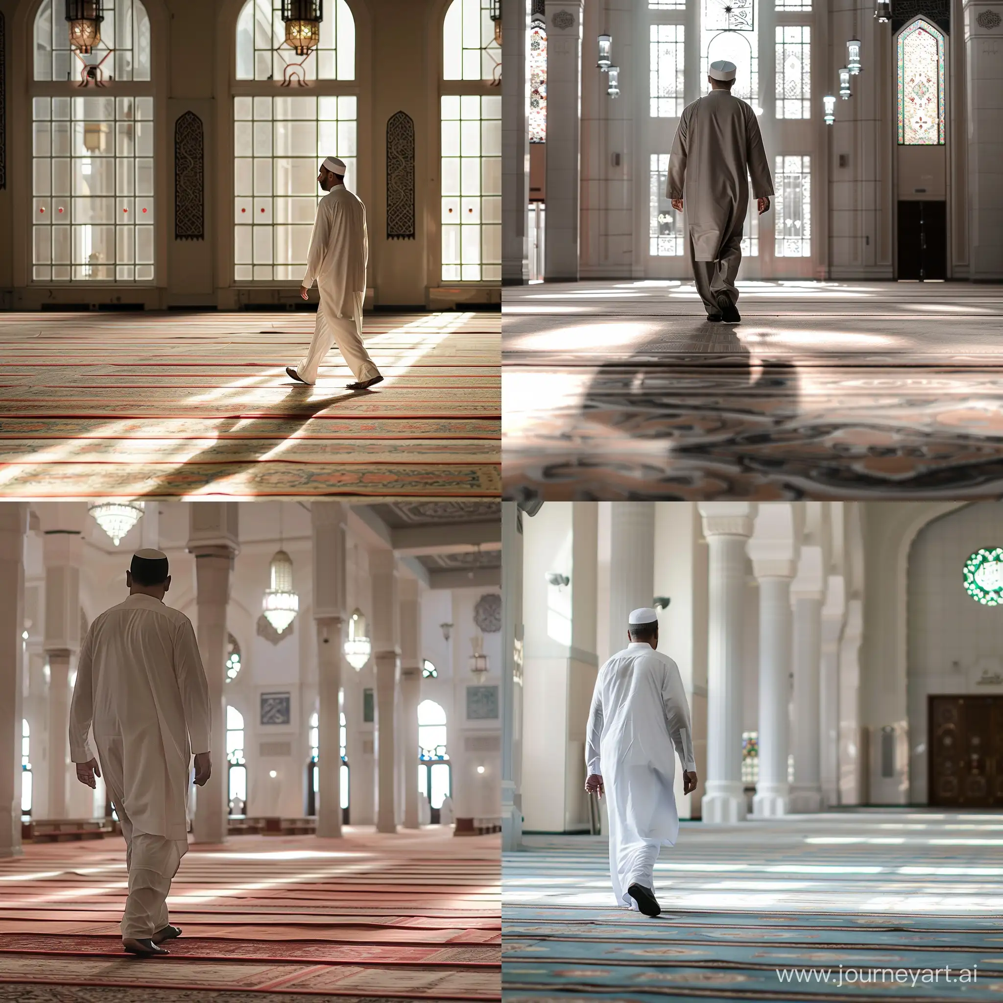 A muslim man walking inside a mosque 