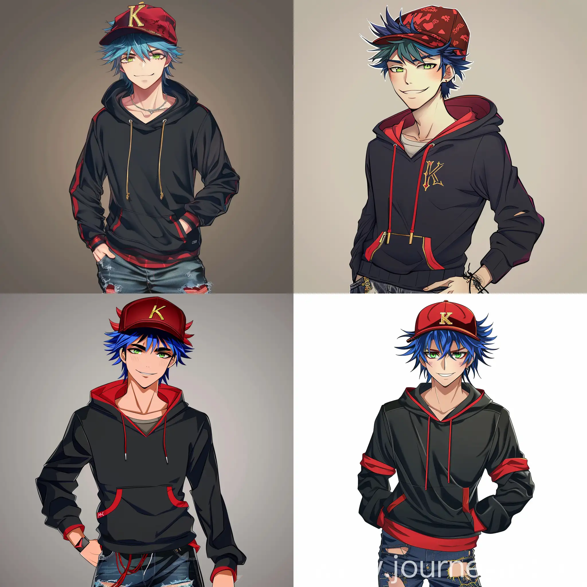 The 21-year-old anime guy has spiky blue hair and piercing green eyes. He is wearing a black hoodie with a red trim, and a pair of distressed jeans. His cap is a vibrant red color with the letter "K" elegantly embroidered in gold thread. He has a confident smirk on his face, exuding a cool and laid-back vibe.