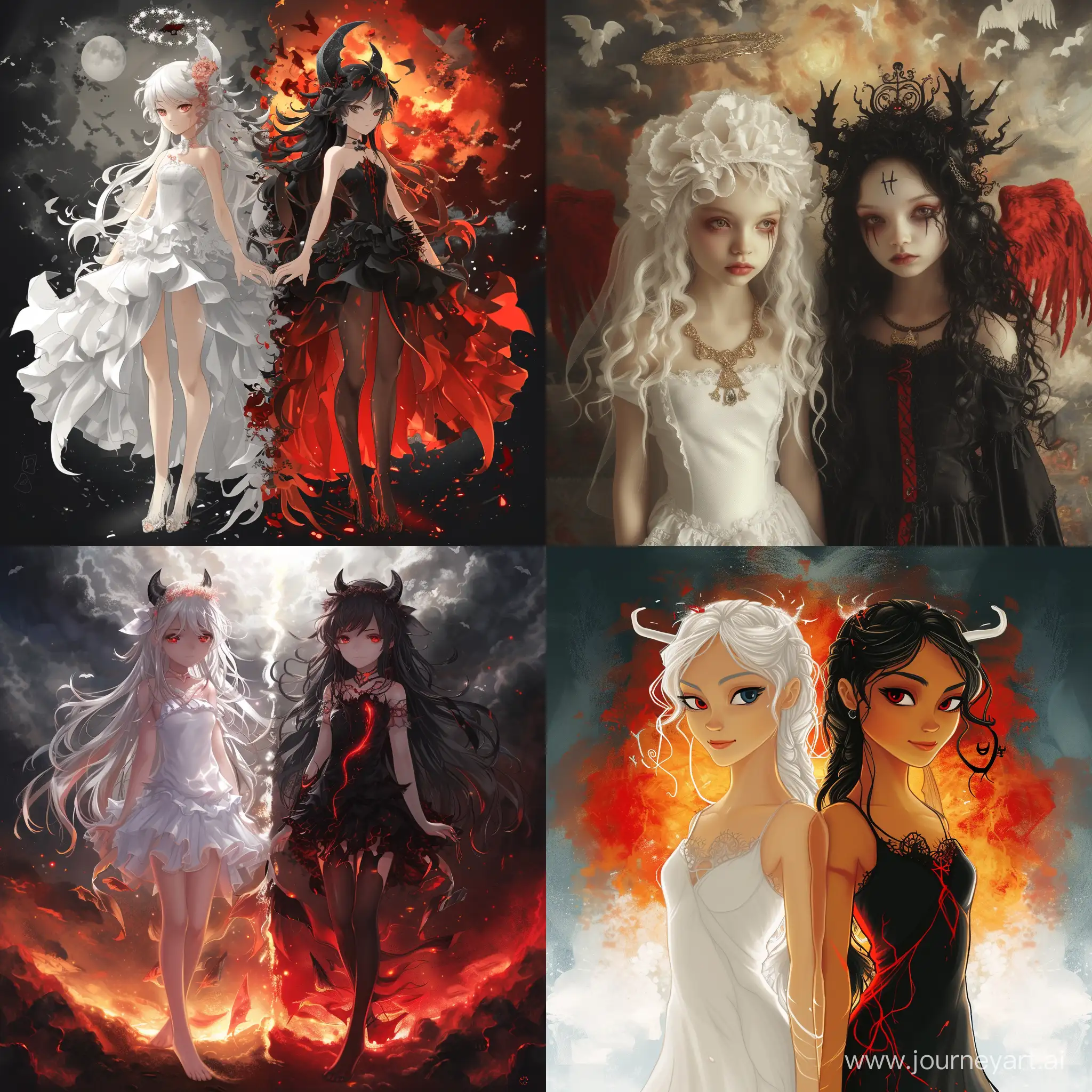 create image with two girls, one is dressed white, and has heaven behind her, other one is dressed black and red and has hell behind her, booat are in the same picture