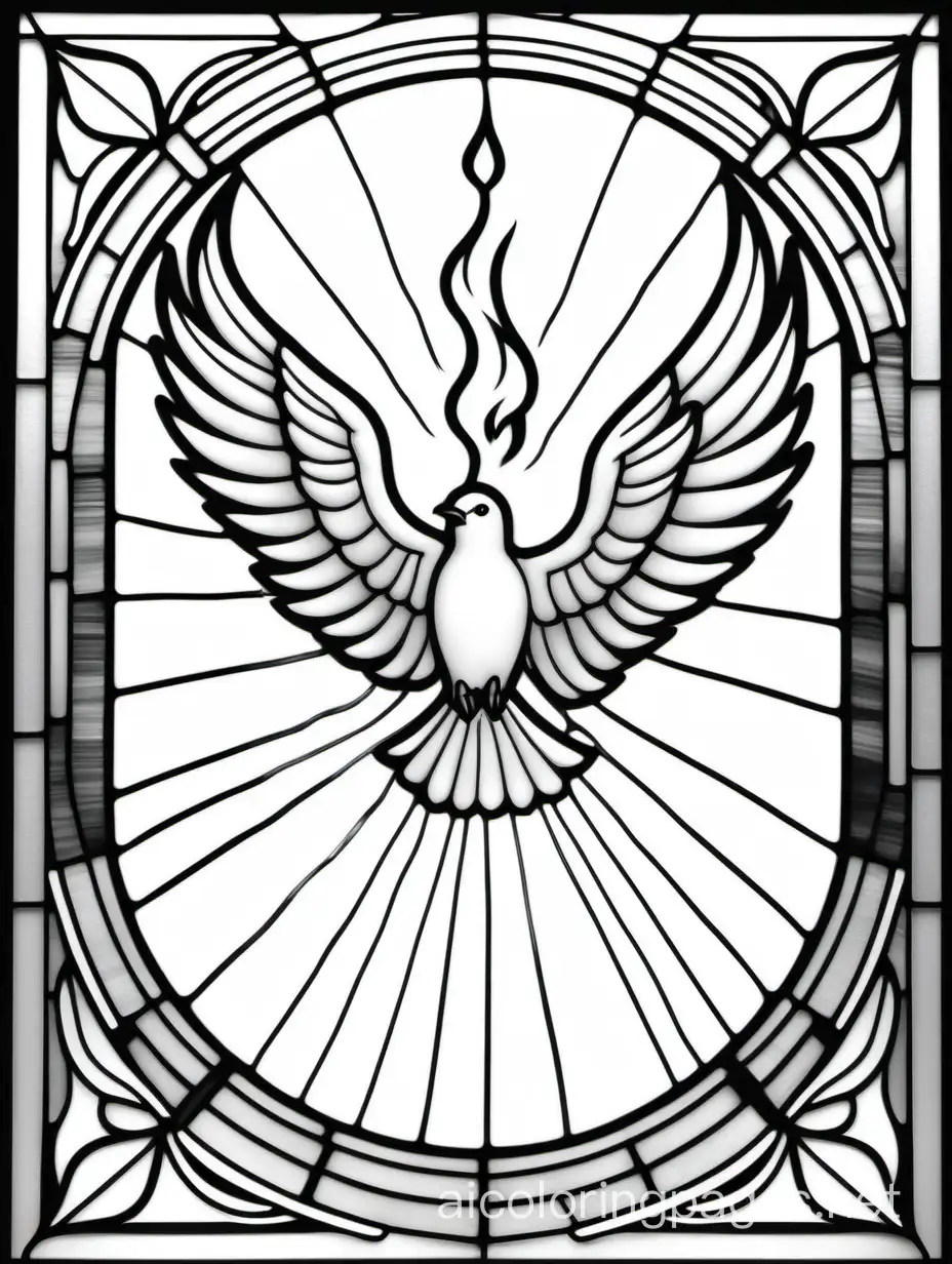 Holy Spirit with flame stained glass black and white, Coloring Page, black and white, line art, white background, Simplicity, Ample White Space. The background of the coloring page is plain white to make it easy for young children to color within the lines. The outlines of all the subjects are easy to distinguish, making it simple for kids to color without too much difficulty