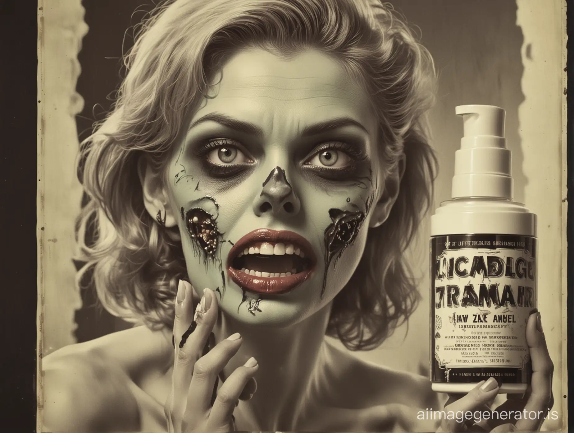 old fashion poster of a zombie model  with jaw dropped promoting a radioactive beauty cream,