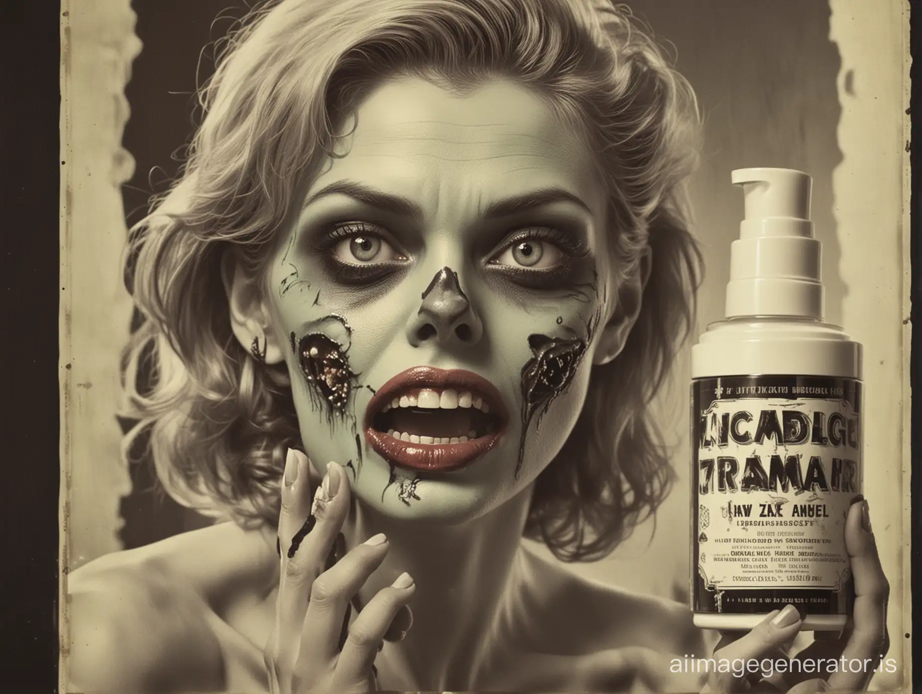 old fashion poster of a zombie model  with jaw dropped 
promoting a radioactive beauty cream, 