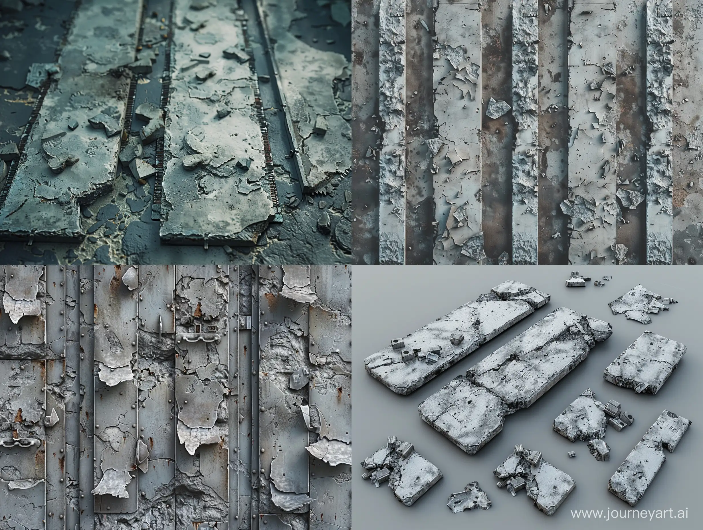 Asset of sprites for 2d platformer. long concrete beats, pieces of ruins, peeling walls. the details are made of iron. A map of sprites. post-apocalypse, brutalism. 8k. photorealism, unreal engine