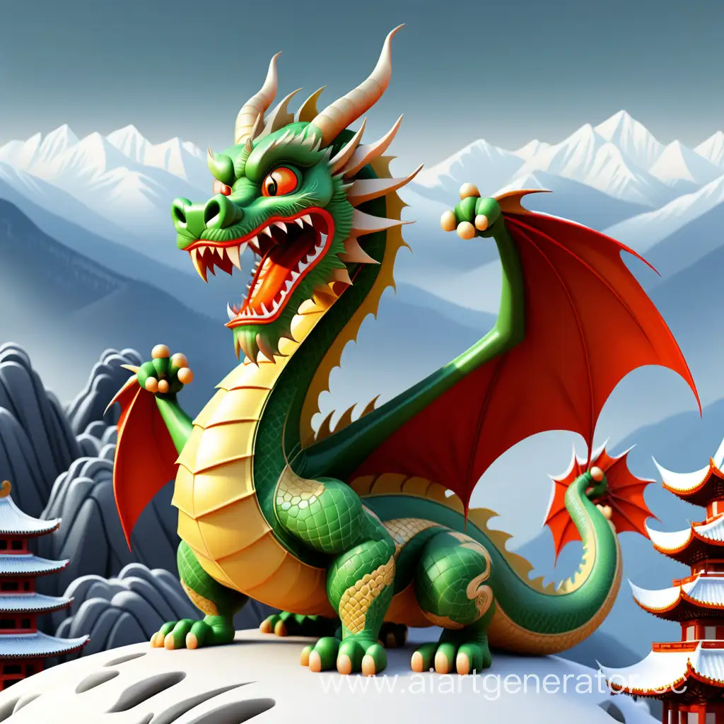Надпись «Поздравляю С новым 2024 годом !» Годом дракона дракон на фоне снежных гор