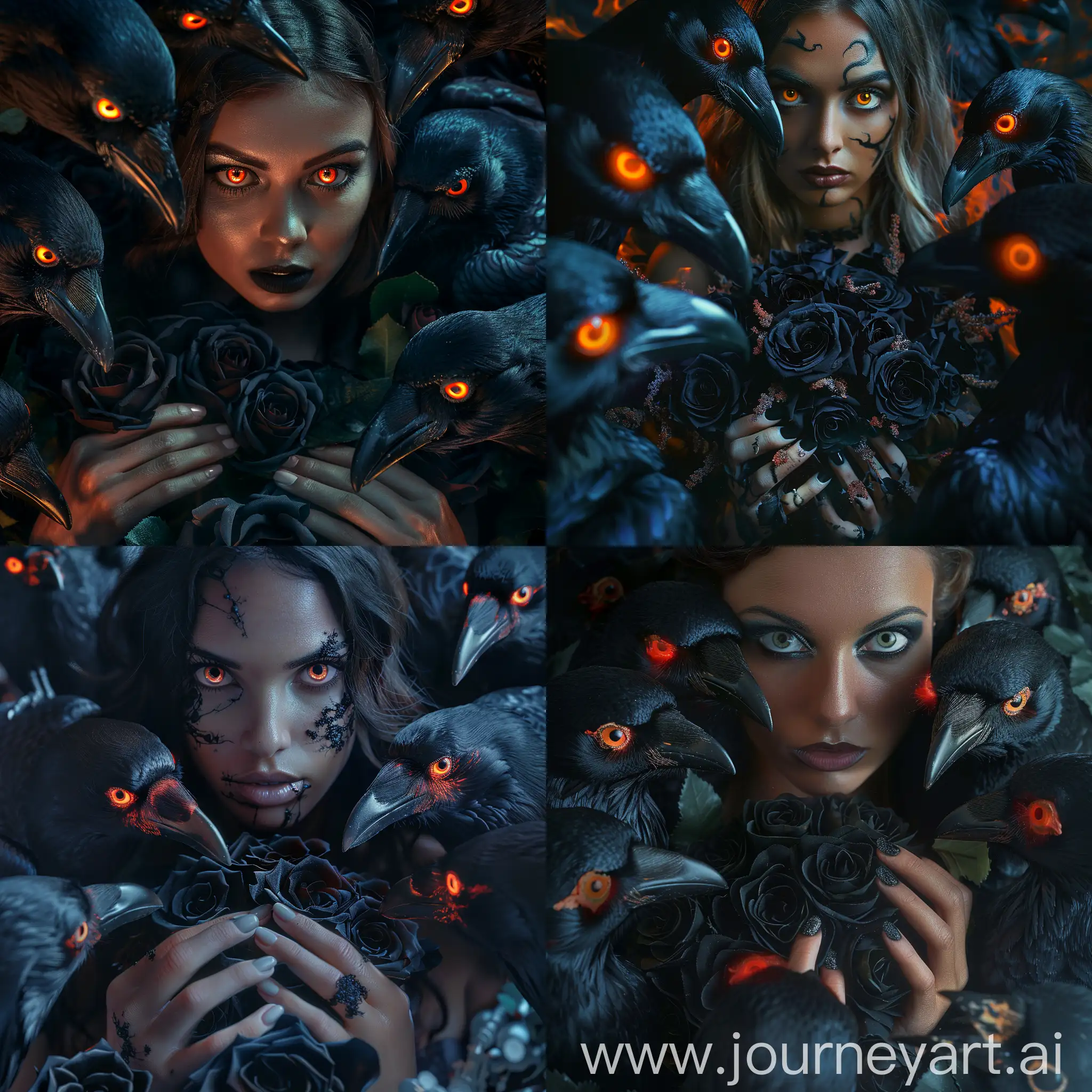 An incredibly detailed close up macro beauty photo of an female model, hands holding a bouquet of black roses, surrounded by scary crows from hell with fiery eyes. Shot on a Hasselblad medium format camera with a 100mm lens. Cinematic lighting  –ar 4:5 –s 750 –niji 5 –v 5 –q2