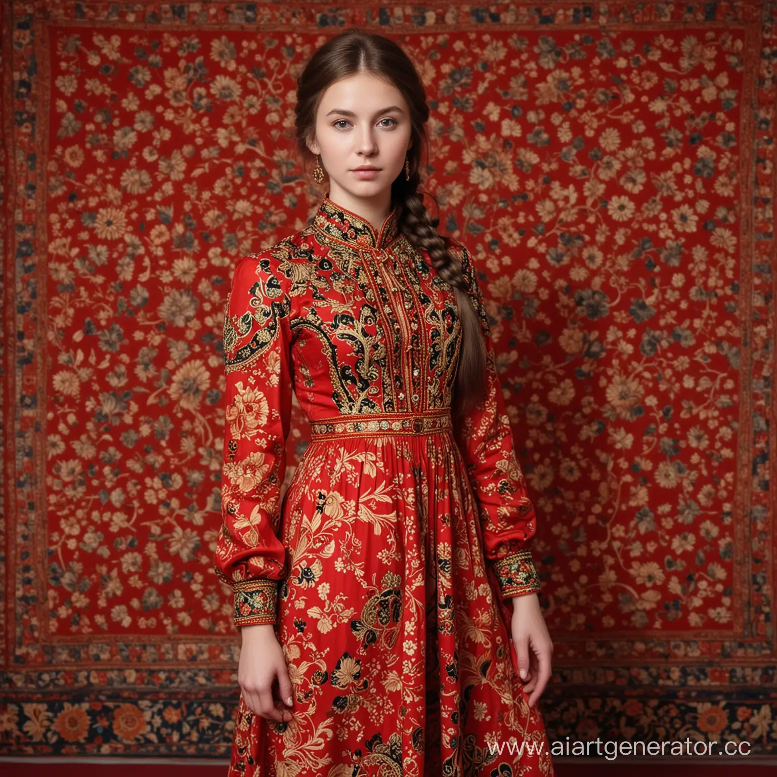 Девушка, военная, 23 лет, с рисунками Хохломы на руке красного цвета, в длинном, красном платье в пол.