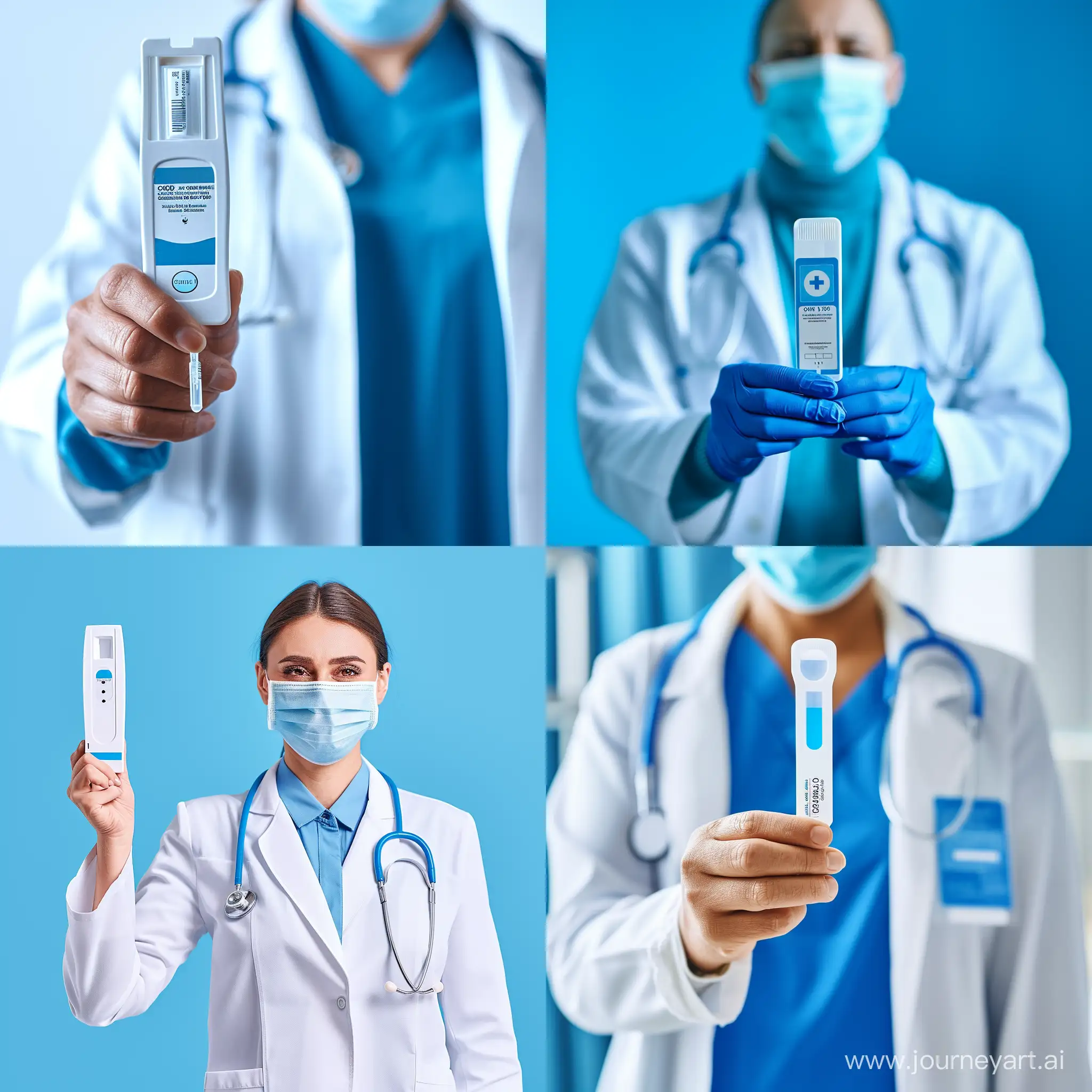 A stock photo of a healthcare professional holding an at-home COVID test kit, symbolizing trust and accuracy, vibrant colors of blue and white, friendly and professional mood. Central composition with negative space on the left for text overlay. Created Using: High-quality photography, professional setting, engaging color scheme, direct and friendly visual approach, HD quality