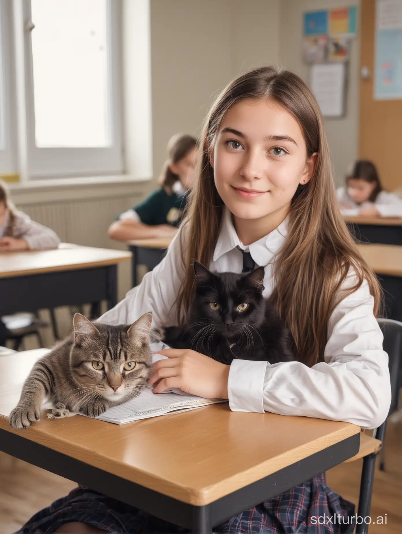 A girl, classroom, with a cat