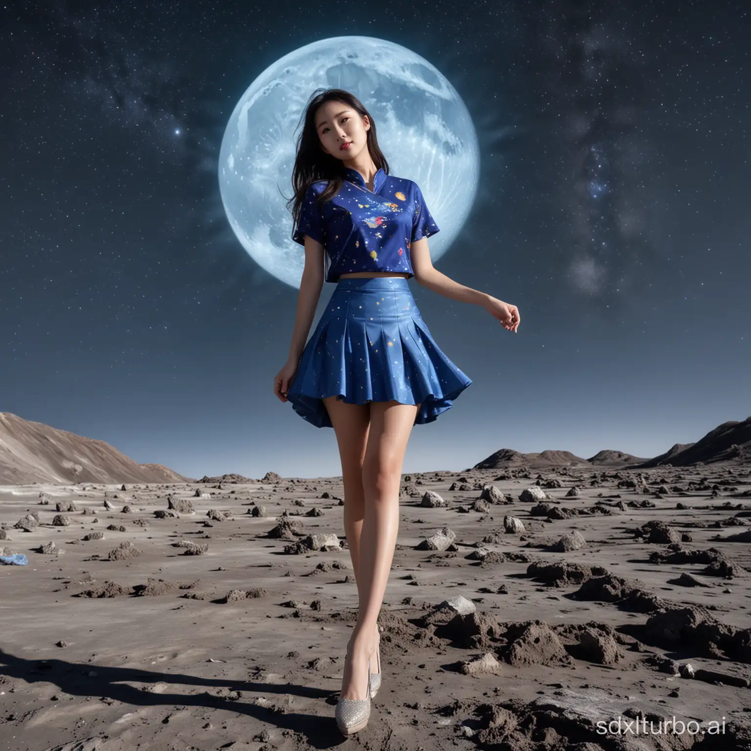 一个中国女人，25岁，穿着高跟鞋，裙子，全身，面对镜头，能看见五官及头发，站在月球表面，背后有蓝色星球，银河星系若影若现，偏暗
