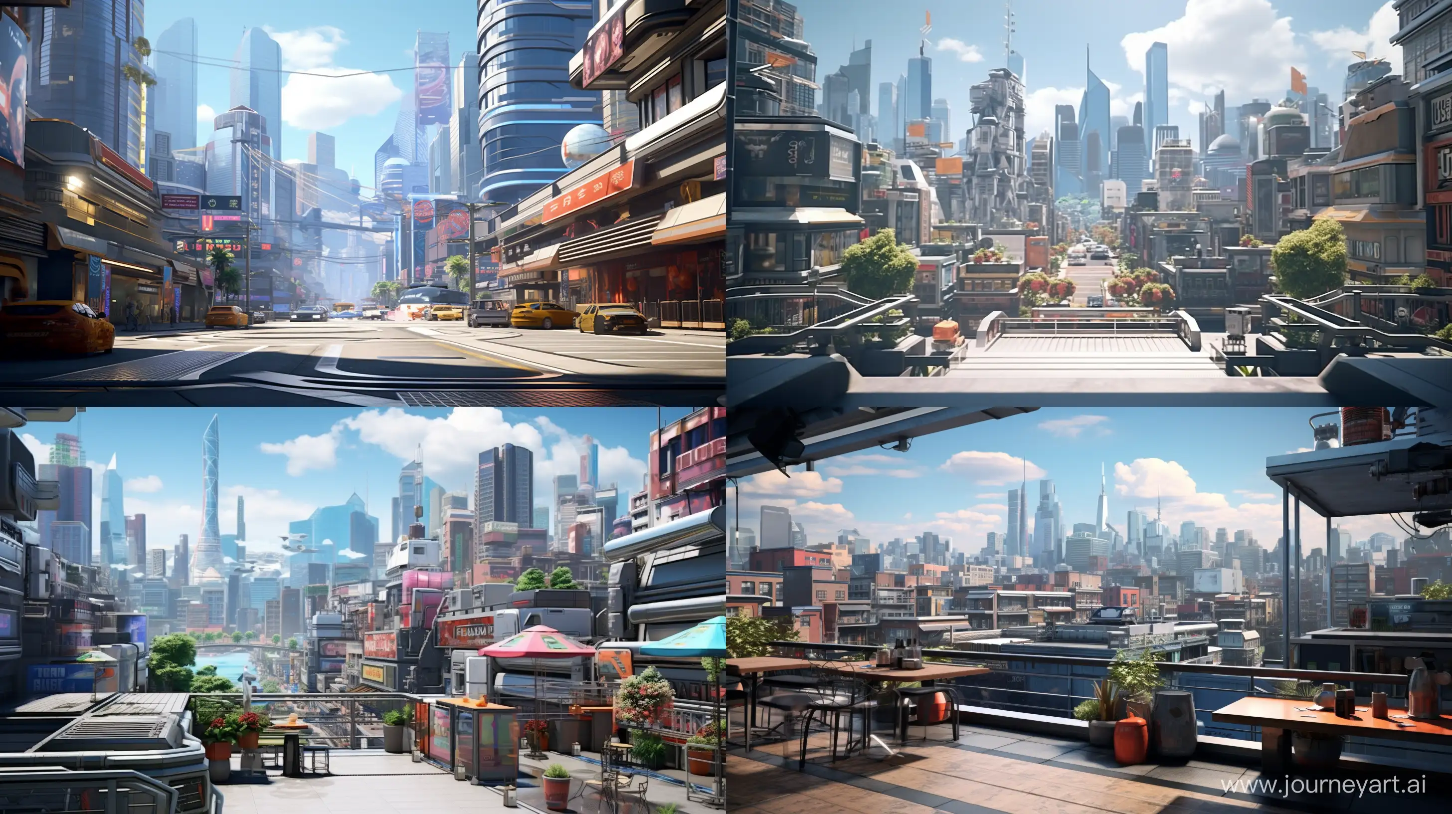 /imagine prompt: Realistic, personality: [Show quick shots of futuristic gadgets such as holographic displays, robots, and advanced weapons. The cityscape in the background should feature sleek architecture and hover vehicles, depicting a technologically advanced society.]unreal engine, hyper real --q 2 --v 5.2 --ar 16:9