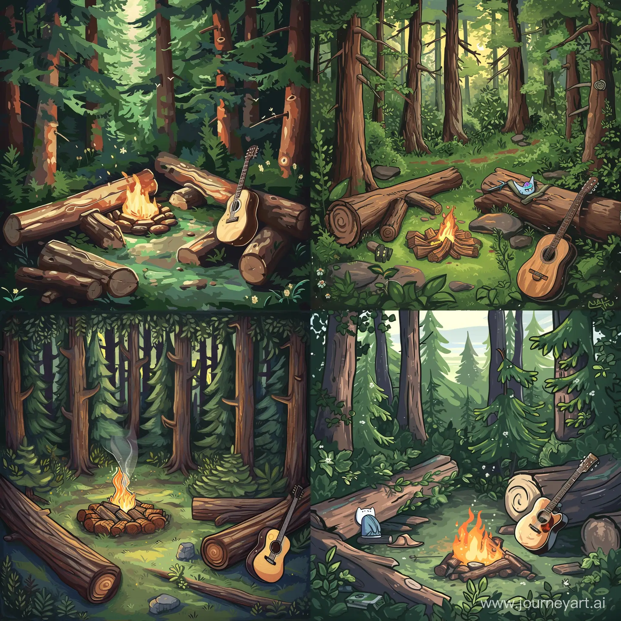 Рисунок в стиле Adventure Time, на котором изображён лес, костёр, брёвна и гитара, опирающаяся на одно из брёвен