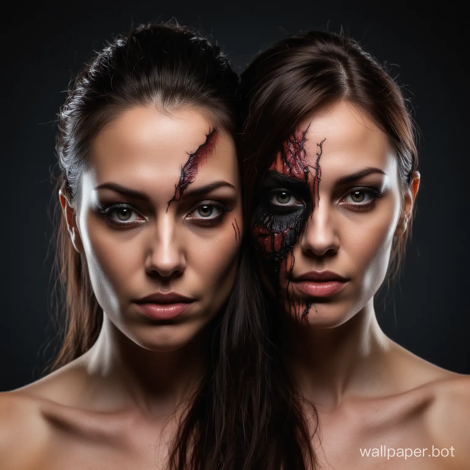 a beautiful woman with two faces: human and demonic. On a black background