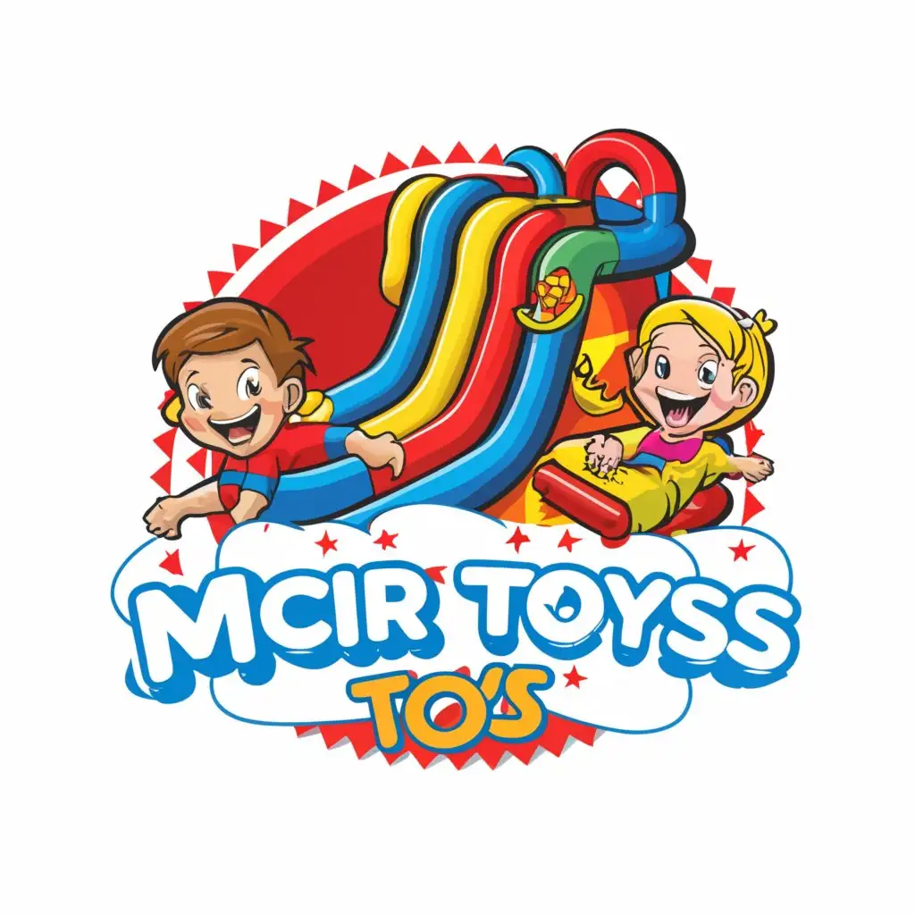 a logo design,with the text "MCR Toys
Inflatable Toboggan", main symbol:round logo with inflatable slides with two happy children one boy and one girl near it,complex,clear background very colorful and clear faces for the children