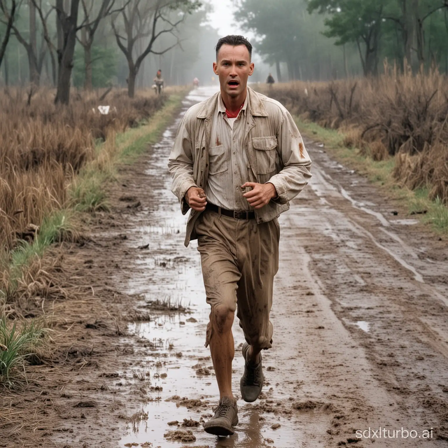 Forrest Gump is running on a muddy road.
